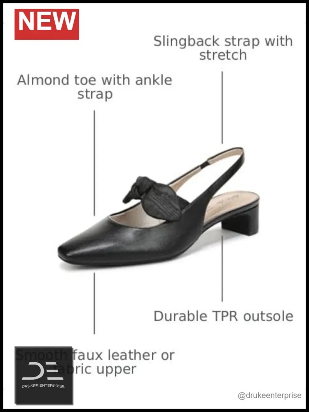 Women's Slingback Pumps with Block Heel - Soft System Comfort, Almond Toe